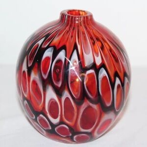 Modern Art Glass Blown Bud Vase Red Black & White Color Oblong Shapes